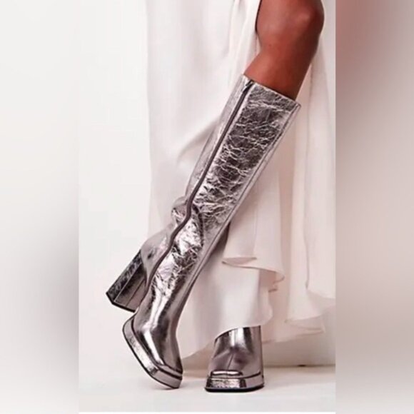 Jeffrey Campbell Shoes - Jeffrey Campbell Crinkled Silver Knee-High Block Heel Boots